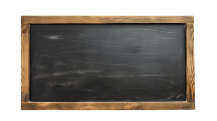 Blank blackboard in wooden frame isolated, top view on transparent background