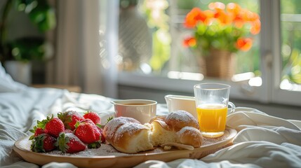 Obraz premium A breakfast tray with croissants, strawberries, coffee, and orange juice on a bed with a window view.