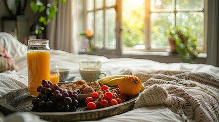 A breakfast tray with fruit, juice, and pastries sits on a bed with a window overlooking a garden in the sunlight.