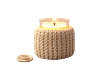 Illuminated Elegance: A Knitted Candle Holder Aglow on White or PNG Transparent Background.
