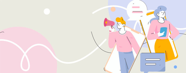Virtual characters social communication concept business flat vector hand drawn illustration
