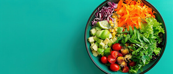 healthy dish on a plate , on a solid green background, top view, real photo, with empty copy - Powered by Adobe