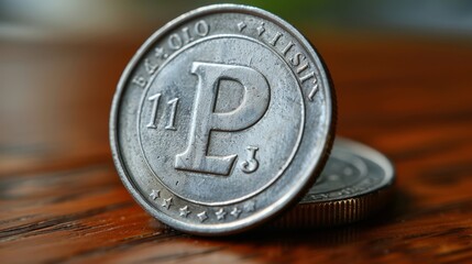  A silver coin sits atop a wooden table, next to a coin with the letter P facing sideways, and a smaller coin bearing the same letter P