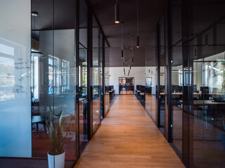 In a setting of modern, glass-walled business startup offices, the open, airy workspace reflects a...
