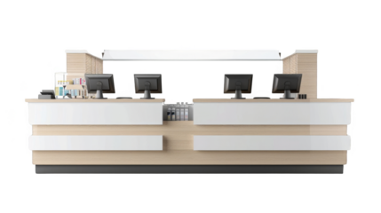 A white counter with four computer monitors and a cash register. The counter is made of wood and has a modern design, isolated on transparent background