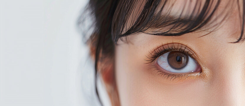 Photo of a closeup on an eye and eyelashes, an Asian woman's face portrait with brown eyes looking at the camera over a white background, a copy space concept for vision health care advertising banner