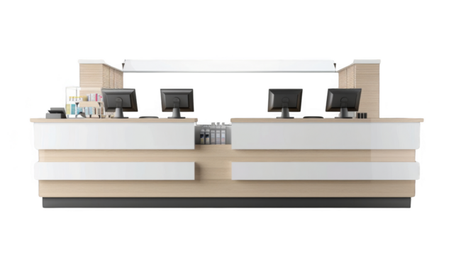 A white counter with four computer monitors and a cash register. The counter is made of wood and has a modern design, isolated on transparent background