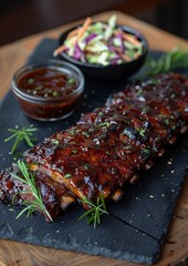 BBQ Ribs - Glazed ribs with a sticky BBQ sauce, served with coleslaw. 