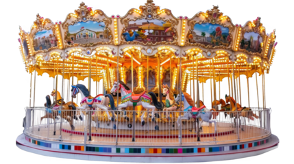 A carousel with horses and other animals on it. The carousel is surrounded by a fence, isolated on transparent background