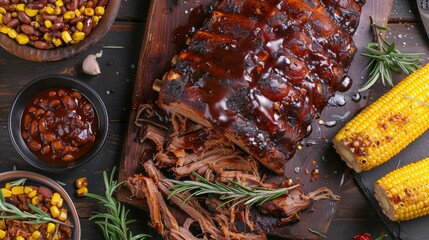 A delicious barbecue feast complete with pulled pork corn on the cob and baked beans.