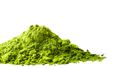 Green powder pill, Heap of green matcha tea powder on transparent background
