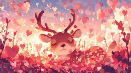 The cartoon deer is surrounded by an abundance of love
