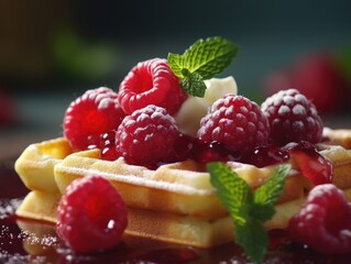 A waffle topped with fresh raspberries and mint. The waffle is topped with whipped cream and a raspberry sauce