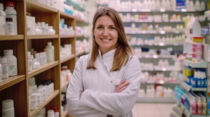 A woman in a white lab coat stands in a pharmacy with her arms crossed. She is smiling and she is happy