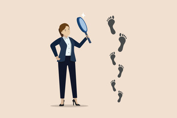 Business success footprint, beyond bigger steps or career path or job skills development concept, businessman using magnifying glass investigating bigger steps.