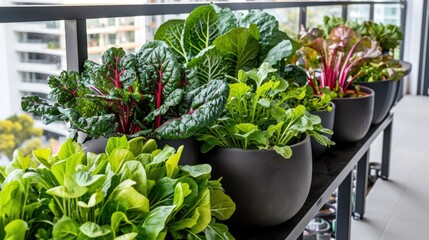 A row of potted plants with a variety of greens and reds. The plants are arranged on a shelf, with some of them being taller than others. Scene is one of freshness and vitality