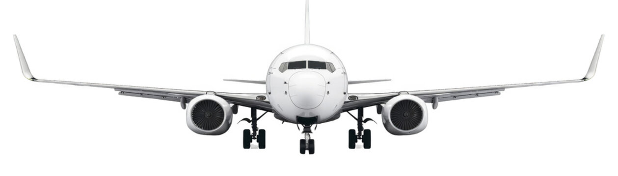 A white airplane is in the air with its landing gear down. The plane is large and has two engines, isolated on transparent background