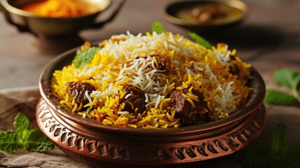 A bowl of yellow and white rice with meat and green leaves. The bowl is on a table with other bowls and a cup