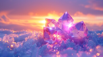 A cluster of purple crystals on a snowy field with a sunset in the background.