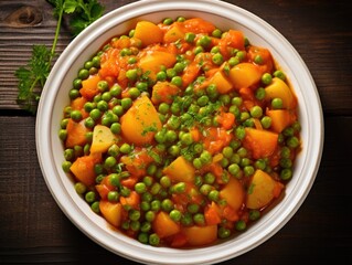 A bowl of food with peas and potatoes