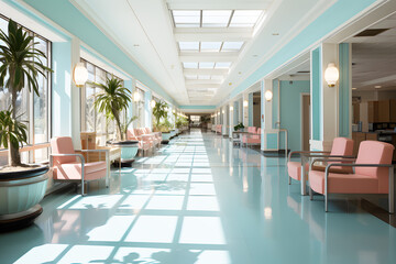 Empty walk along hospital light blue corridor sunlight shines through window in morning. With blue chairs for patients waiting to see the doctor. Realistic building clipart template pattern.