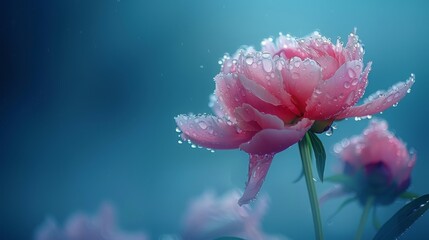  A close-up of a pink flower with water droplets on its petals against a blue backdrop, featuring additional water droplets on the petals - Powered by Adobe