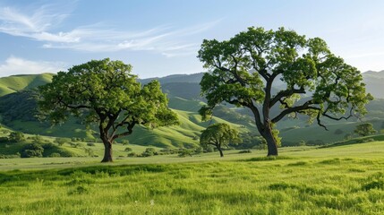 Fototapeta premium Trees standing in a verdant field with hills in the background