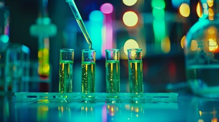  A table holds a group of test tubes, each filled with liquid, alongside a glass containing liquid, plus a flask that sits atop its own liquid