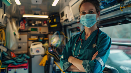 Paramedic wearing a mask standing inside an ambulance, arms crossed with a determined expression, emergency medical equipment surrounding