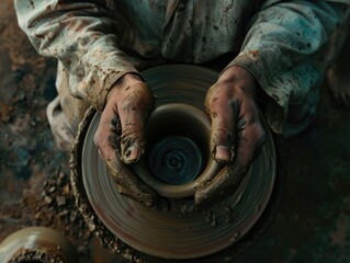 Fototapeta premium A man is holding a clay pot in his hands. The pot is in the shape of a cup and is covered in dirt. The man is working on the pot, possibly shaping it or preparing it for firing