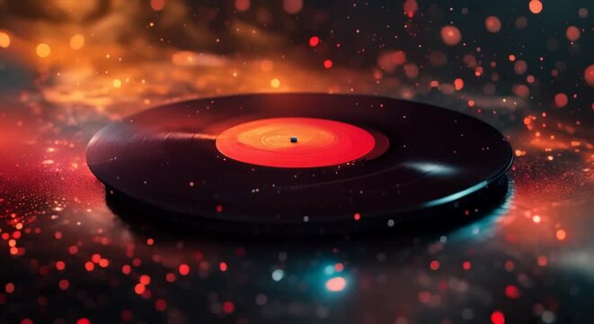 A realistic retro vinyl record spinning gracefully against a mesmerizing galaxy backdrop