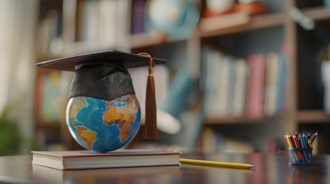 A globe sits on top of a book with a graduation cap on top of it. The scene is set in a library with a desk and a pencil case. Concept of education and the importance of learning