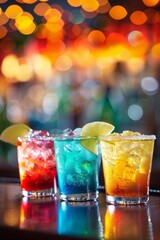 Three vibrant, colorful cocktails with a festive bokeh light backdrop symbolizing celebration and fun