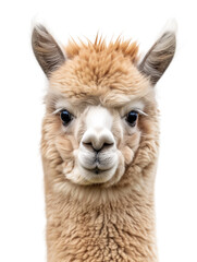 A cute fluffy alpaca portrait isolated on white or transparent background, png clipart, design element. Easy to place on any other background.