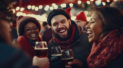 A group of people are laughing and drinking beer together. One of the people is wearing a red scarf