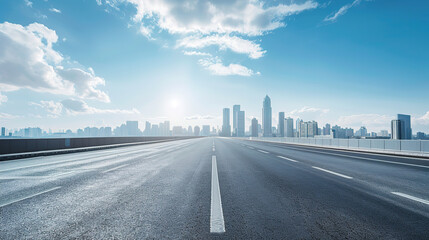 A sunny road surface under the background of modern urban skyline