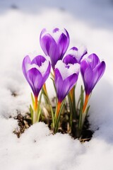 A bunch of purple flowers are in the snow
