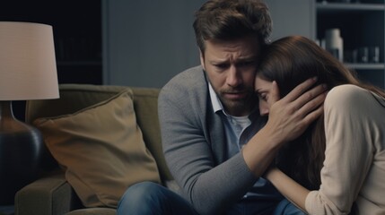 Fototapeta premium A man and woman are sitting on a couch, the man is crying and the woman is comforting him