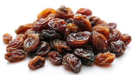 Obraz premium A pile of dried fruit, including raisins and prunes, is spread out on a white background