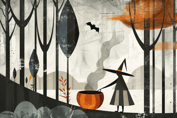 a witch stirring a cauldron in an enchanted forest, featuring tall trees and a flying bat. The minimalistic design with orange and black accents evokes a spooky and magical atmosphere.