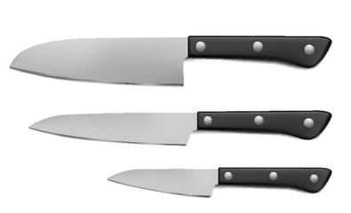 Sharp kitchen knives set with plastic handles. basic kitchenware to cut products. knife of various shapes for all kinds food. vector illustration.