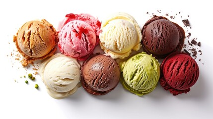 A row of ice cream flavors including chocolate, vanilla, and strawberry. The ice cream is melting and has chocolate chips on top