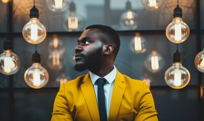 A stylish man in a bright yellow suit stands confidently before an array of illuminated bulbs, exuding allure and professionalism