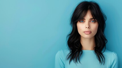  A close-up of a person with long black hair and a blue shirt against a blue background A woman with long black hair and blue eyes is also present in the frame