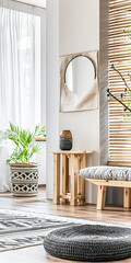 Zen minimalist interiors with neutral tones, minimal furniture and natural decor.