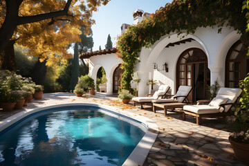 Fototapeta premium Landscape of Villa, hotel house modern with swimming pool in view nature green tree. Typical white architecture background. Luxury travel summer vacation destination. Interior is modern and beautiful.