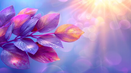  A tight shot of a purple bloom against a blue backdrop, featuring a sunburst in the distance Petals sporting soft, blurred water droplets - Powered by Adobe