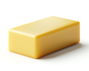 Close-up of a perfectly shaped block of yellow butter on a white background, isolated and ready for cooking or baking projects.
