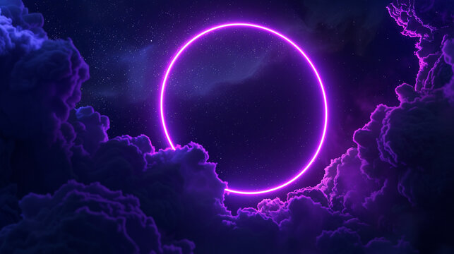 Swirling cloud in a dark night sky encircled by a glowing dark purple neon ring, 3D,