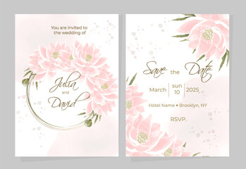 Versatile templates for wedding card designs, notepad covers or invitations. Festive watercolor design with gold line and lotus flowers in a round frame with space for text.